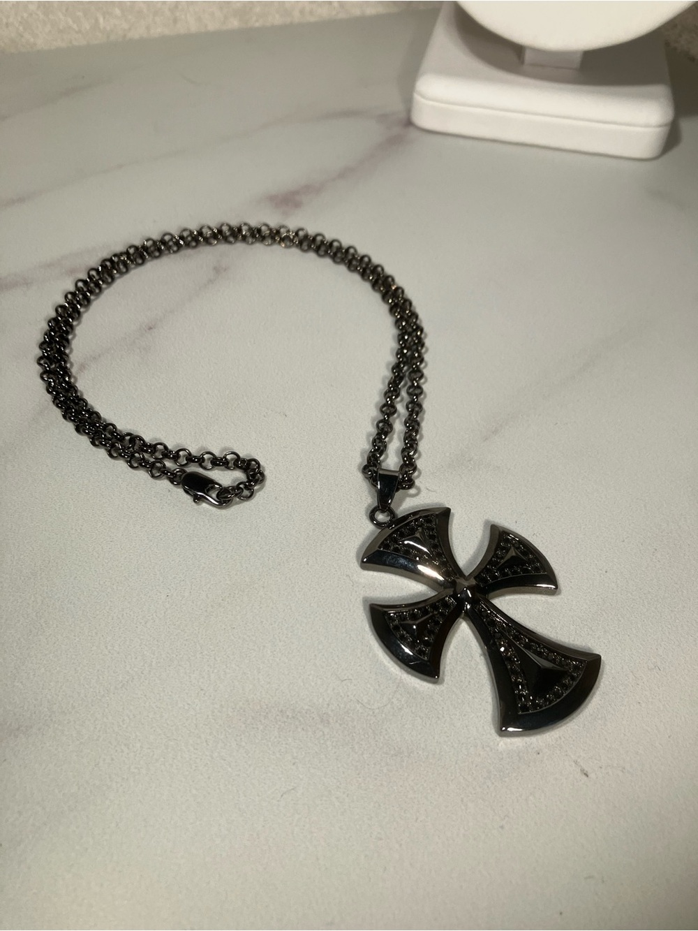 Think Father’s Day ‘Rockfeller’ iron cross hematite necklace.